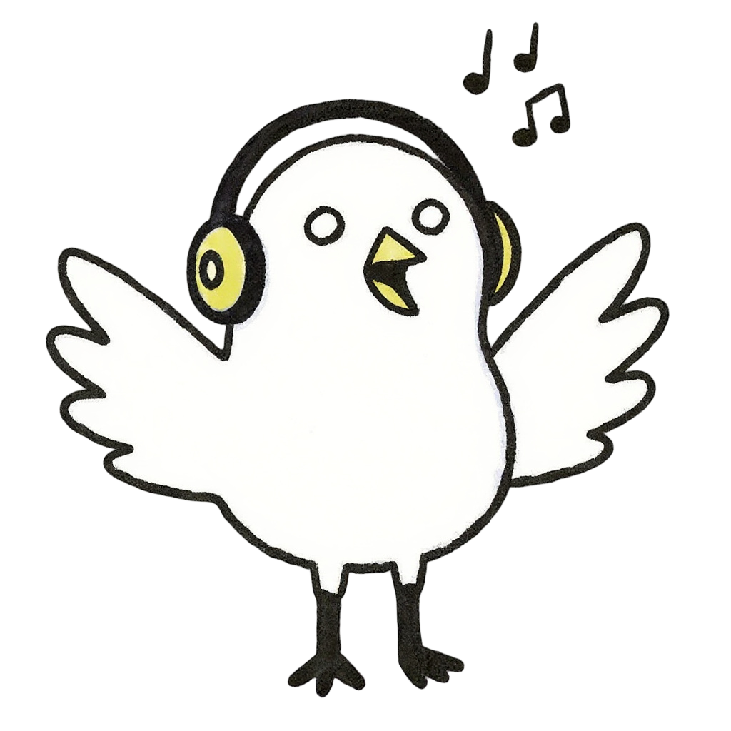White bird mascot with headphones, wings open in welcome
