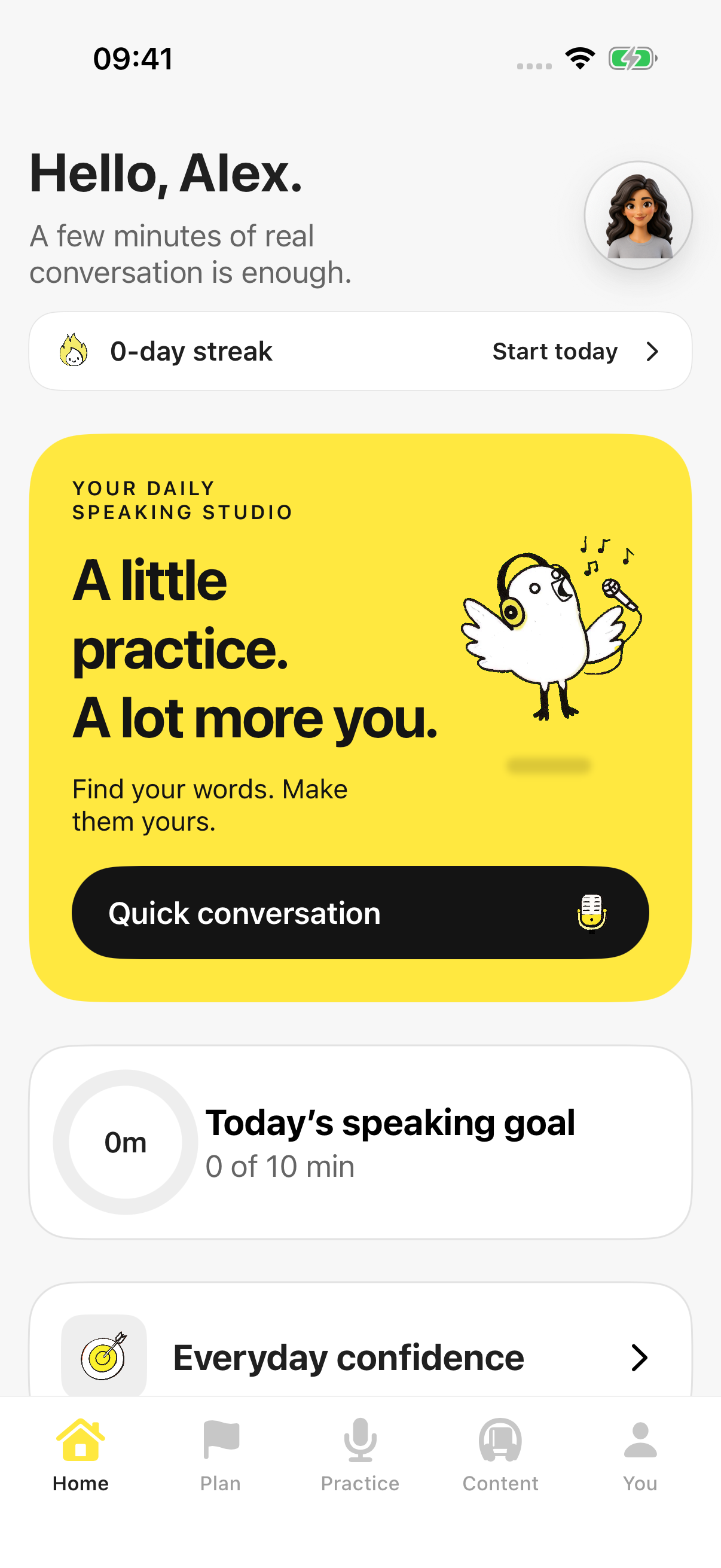 Home screen: daily speaking goal and quick conversation