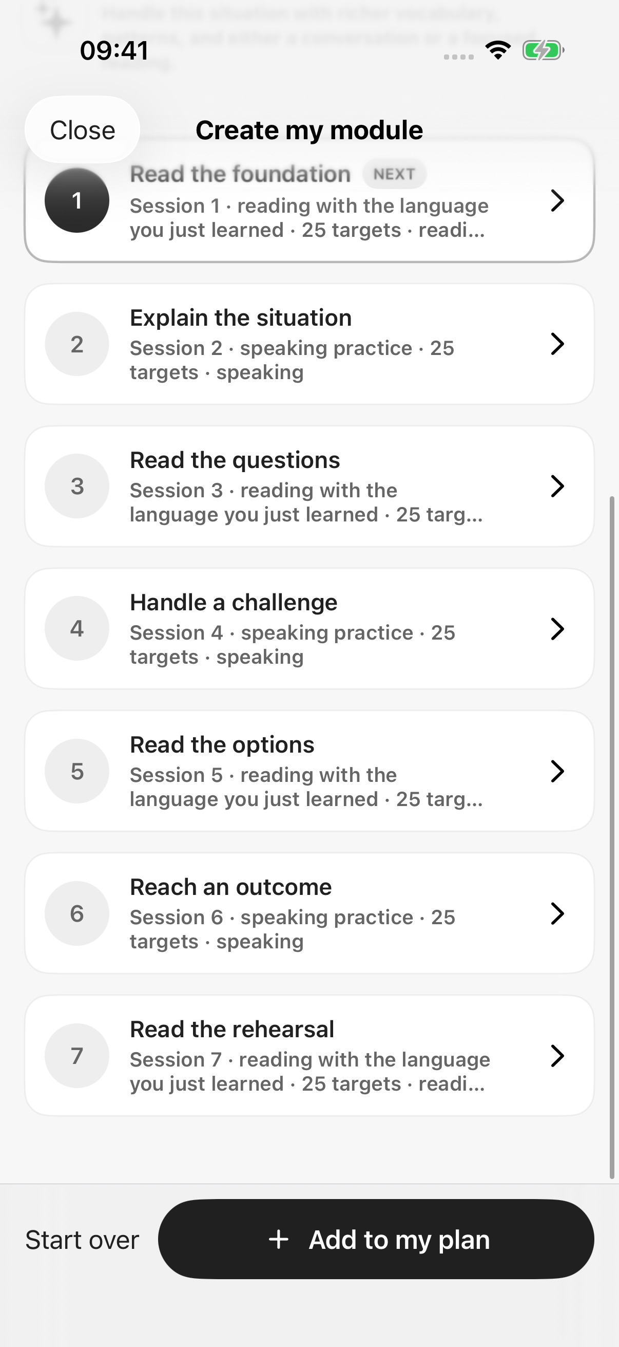 Seven sessions generated from the goal