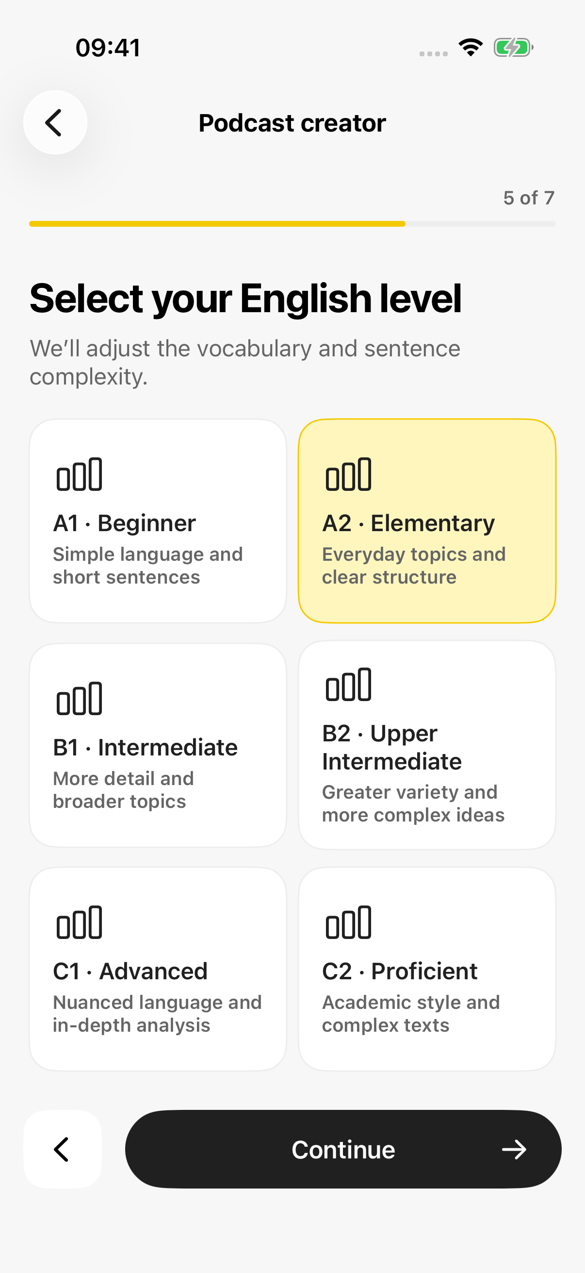 Choose your English level (A1–C2)