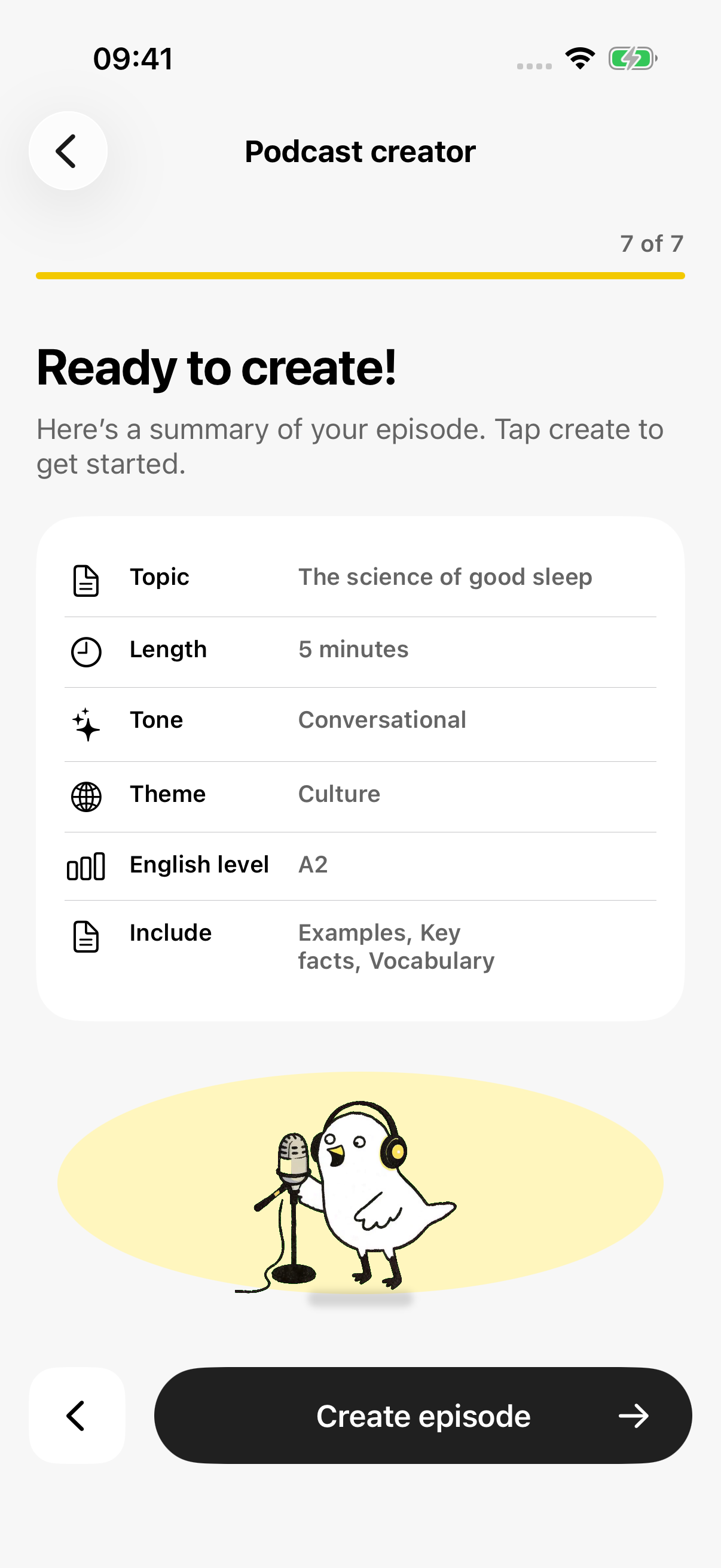Review screen: topic, length, tone, level