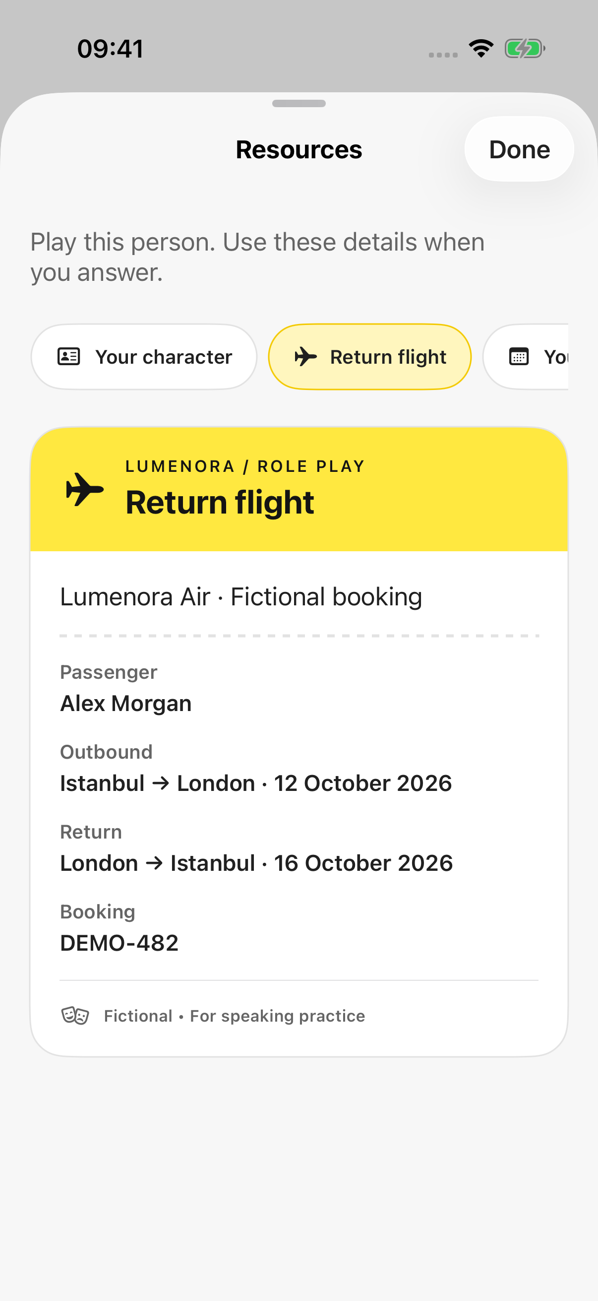 Fictional flight ticket: the details you will use while speaking