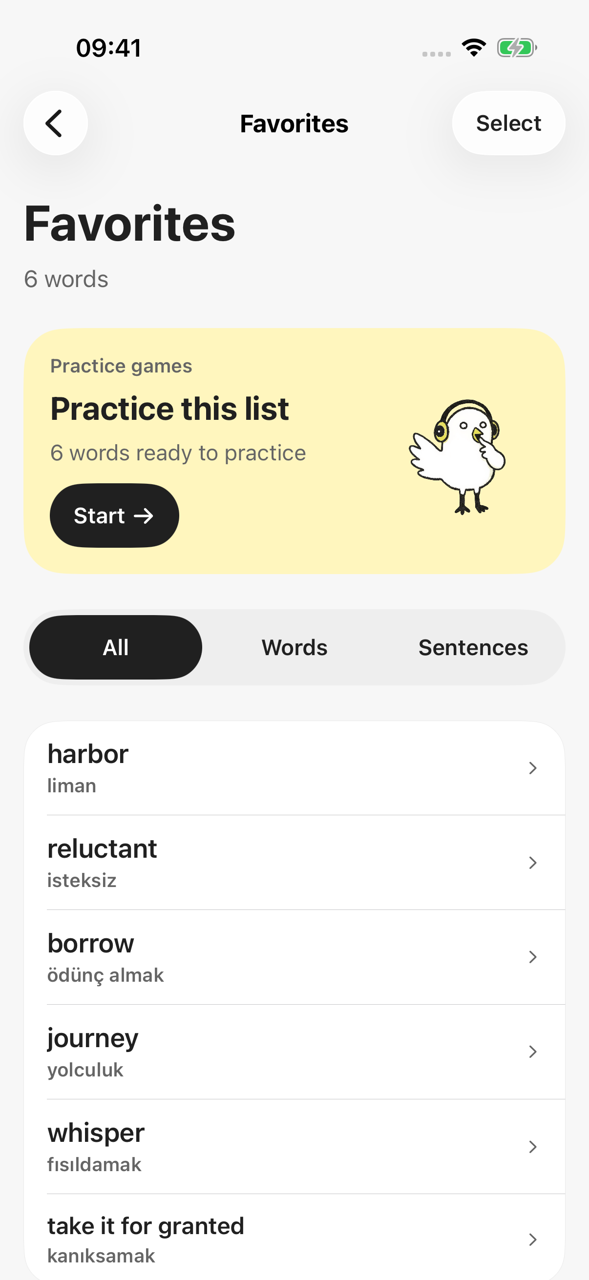 Your saved words and review practice